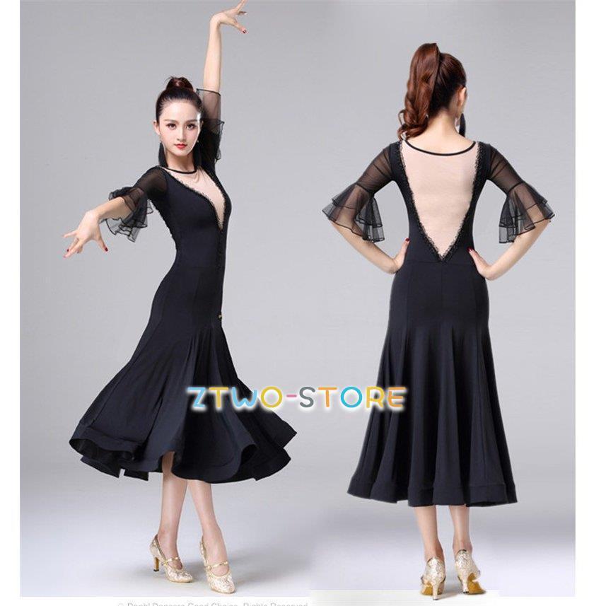新しい子供用ダンスウェア 社交ダンス ワンピース 競技会 モダンドレス レース 長袖 黒 インターナショナルダンス ワルツ ダンス服 レディース 2枚購入で2586円OFF