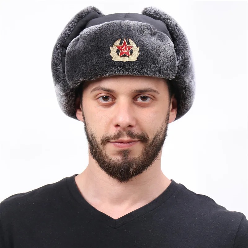 Mosovet-たくさんのミリタリーバッジハット,男性用,ファッショナブルなロシア軍,USiボンバーキャップ,屋外用の大型ベルベット,フェイクウサギファーイヤーフラップ