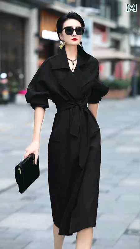 レディース　ドレス　ワンピース ロイヤル シスター ファン 秋 ウィンドブレーカー ドレス レディースブラック スリミング ミディアム 丈 ウエスト 5,878円