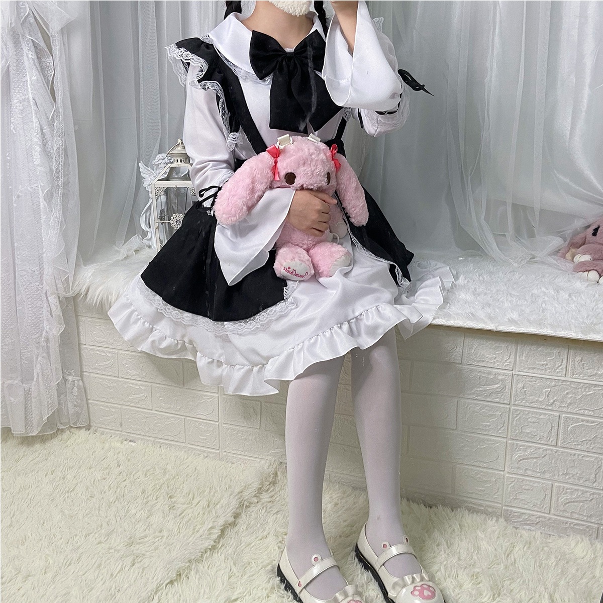 S-4xlかわいい韓国メイド服白黒少女ワンピースロリータ ふじんふくセット