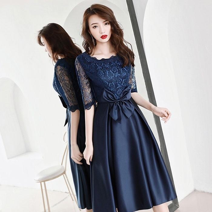 パーティードレス レディース 結婚式 ワンピース ウエディングドレス フォーマル 母親 レース ラウンド お呼ばれ 二次会 ピアノ 発表会 披露宴 演奏会 ネイビー