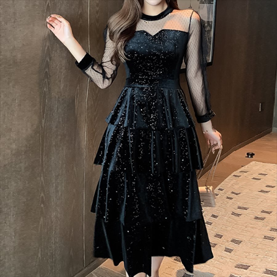 ロングドレス ドレス dress 衣装 ワンピース 4段フリル パーティドレス ロング ロング丈 ひざ丈 膝下 袖あり 長袖 チョークネック Aライン フレア 切り替えデザイン 5,280円