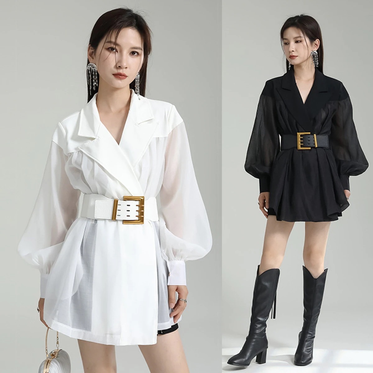 【J.Fashion】 ロング今週の割引は 25% オフですブラウス 体型カバーチュニック ベルト付き 着痩せ 春夏 シフォンブラウス UVカット 肩パッド ドッキング 日焼け止め シアーシャツ レデ 5,928円