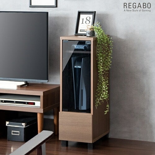 宮武製作所【お客様組み立て】デザイナーズゲームラック REGABO（レガボ） ブラウン PS5やSwitchなど据置型ゲーム機収納に GRK-003-BR【ゲーム機ラック ゲームインテリア ガラス扉付