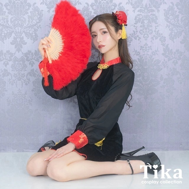 ハロウィンコスプレ 衣装 チャイナ 長袖 仮装 セクシー チャイナドレス ベルト 髪飾り ベロア ブラック レッド セクシー ミニ丈 ミニワンピース チャイナコスプレ 激安 エロ コス キャバ 大人