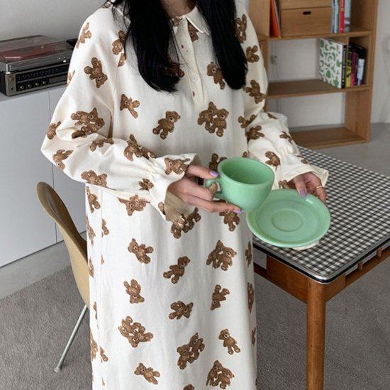 ルームウェア パジャマ ワンピース 長袖 フリル クマ柄 シュシュ ロング丈 部屋着 可愛い キュート お洒落 お泊り 旅行 おうち時間 おうちコーデ リラックス 楽ちん 体型カバー 寝間着 ナイトウ 6,253円