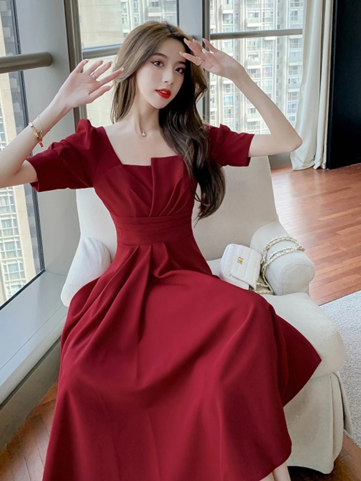 花嫁の結婚式バーガンディドレス認定イブニングドレス女性宴会登録ドレス日常生活で着用可能