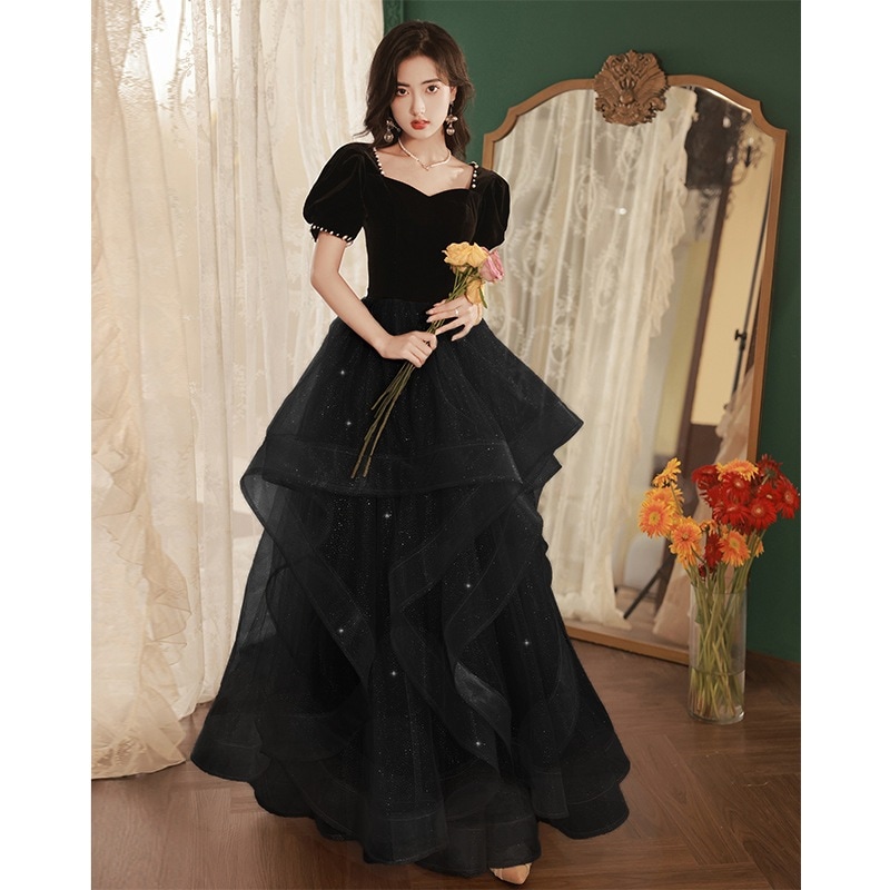 公式の場です 三七節です コンサート 卒業式 イブニングドレス女性の新しい冬黒ニッチ気質成人式ホストドレス