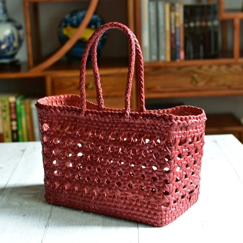 ニットバッグ本革バッグトップ牛革バッグ透かし彫り野菜バスケットバッグレディースバッグ