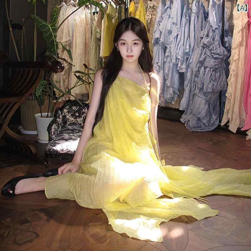 ワンピース 大人 黄色 海辺 フリル ホルターネック ドレス レディース 夏 ドーパミン バックレス スリット サスペンダー ドレス 5,557円