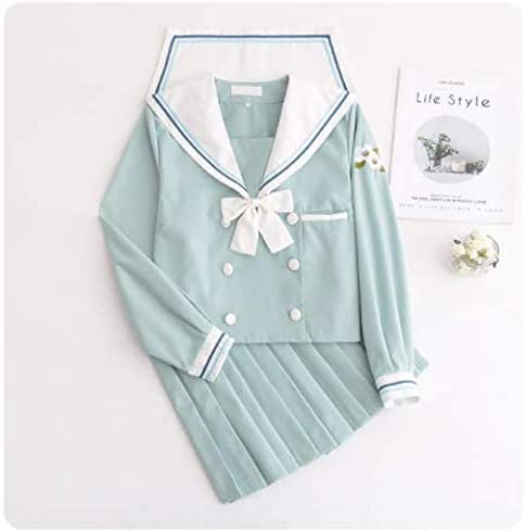セーラー服 白の襟 水色 花刺繡 白いの蝶結び 梨の花 長袖 半袖 靴下付属 4点セット