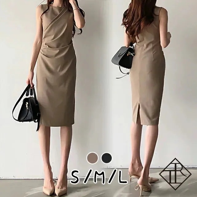 【急速出荷!】ワンピース レディース ひざ丈 ワンピース カジュアル ノースリーブ 大きいサイズ 春 夏 秋冬 ワンピ クルーネック シンプル 無地 アシンメトリードレープ お出かけ お呼ばれ パーテ