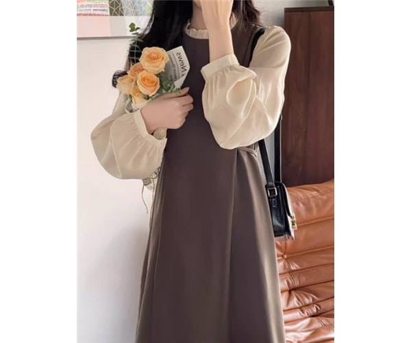 重ね着風 フェイクツーピース レディース ワンピース プルオーバー ミモレ ロング 長袖 ラウンドネック Aライン フリル ハイウエスト かわいい 大人可愛い きれいめ シンプル 上品 おしゃれ