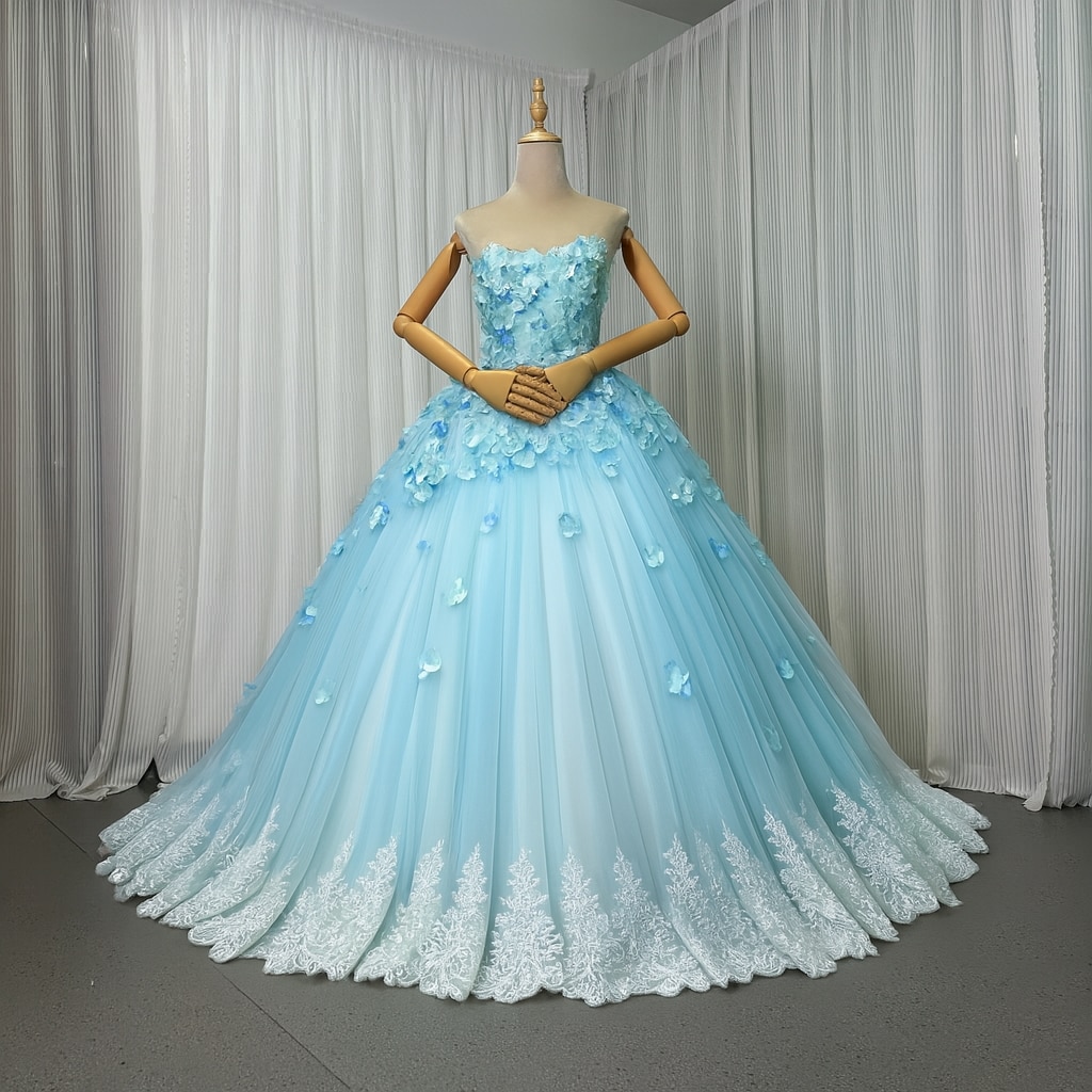 カラードレス ブルー ベアトップ 立体花レース刺繍 リボン 裾に繊細レースをあしらった 編み上げ 花嫁