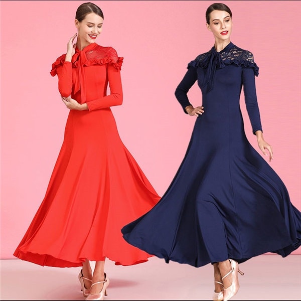社交ダンス 衣装 モダンドレス 練習着 ロングワンピース ウェア イベント 競技 大きい裾 レディースダンス ステージ ワルツ レッド ネイビー ダンスウエア ダンス発表会 団体