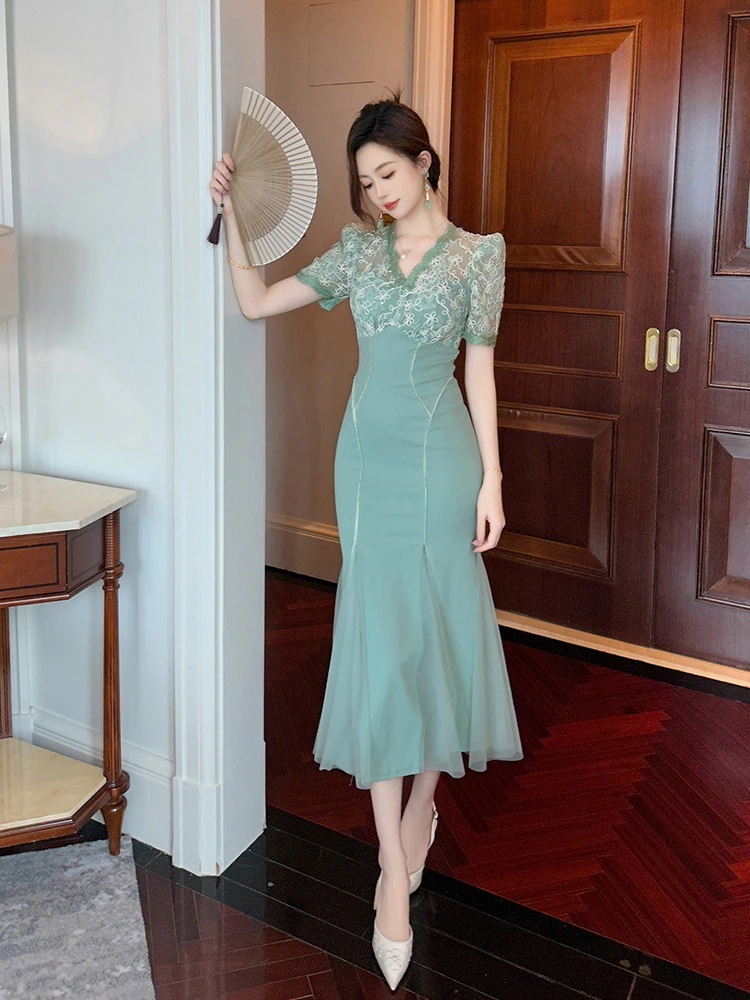 2024夏新品 vネック レースドッキング マーメイド ミントグリーン ドレス パーティー キャバ 大人 同窓会 披露宴 卒業式 結婚式 演奏会 ウェディング 二次会 メガ割30%までに制限