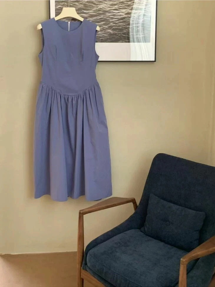 利用で40%OFF ノースリーブ ワンピース レディース 春 夏 ロングワンピース ドレスワンピース シンプル レトロ お洒落 きれいめ カジュアル クルーネック ブルー 青 韓国ファッション