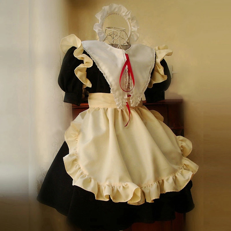 クラシック黒+白 カフェメイド服 三角襟 フリルエプロン 4点セット