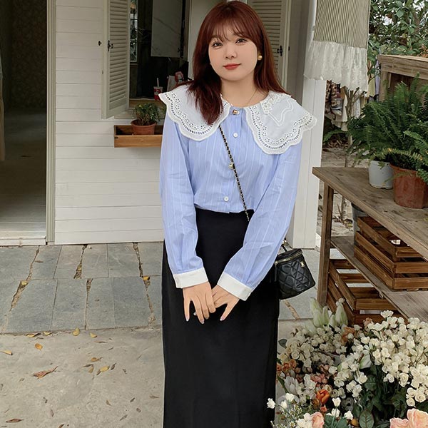 【期間限定】コントラストカラーカフ ストライプ柄 ドールカラー ビッグカラー ホワイトレース 綿混 長袖 レディース