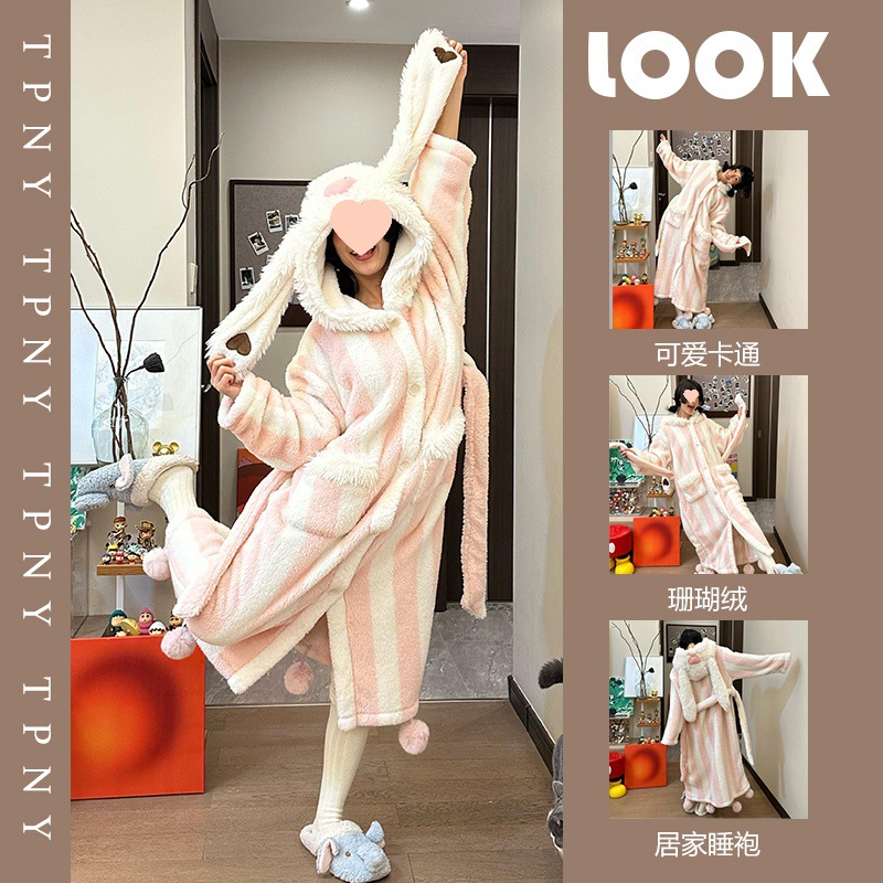 女性用かわいいウサギのフード付きコーリースパジャマ2024冬用家庭用豪華な厚みのある豪華なパジャマ