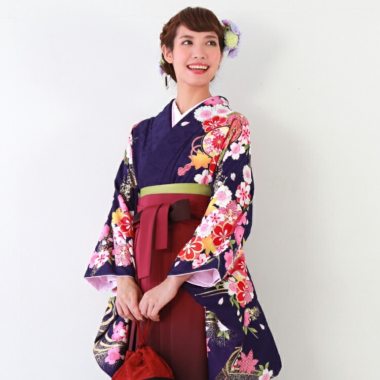 レンタル卒業式 袴 レンタル 女 袴セット 女 卒業式袴セット2尺袖着物＆袴 フルセットレンタル 安い 濃紫地に鞠と八重桜 古典柄 レトロ
