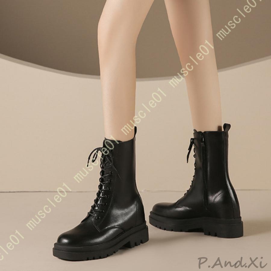 ブーツ ミドルブーツ レースアップブーツ 厚底 レザー プラットフォーム プレーントゥ レディース レースアップ 編み上げ 太ヒール ローヒール 秋冬 美脚