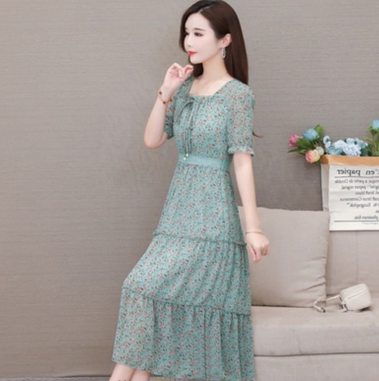 ワンピース 膝丈 ひざ丈 袖あり かわいい 大人可愛い きれいめ シンプル カジュアル 大人 上品 ラウンドネック 半袖 フリル ティアード 花柄 ロング丈 グリーン ピンク 3XL 4XL 春夏 5,526円