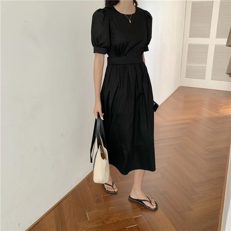 バックシャンワンピース ワンピース フレアワンピース ワンピドレス ロング ロング丈 袖あり 半袖 パフスリーブ ラウンドネック フレア Aライン バックシャン バックコンシャス 綿 かわいい