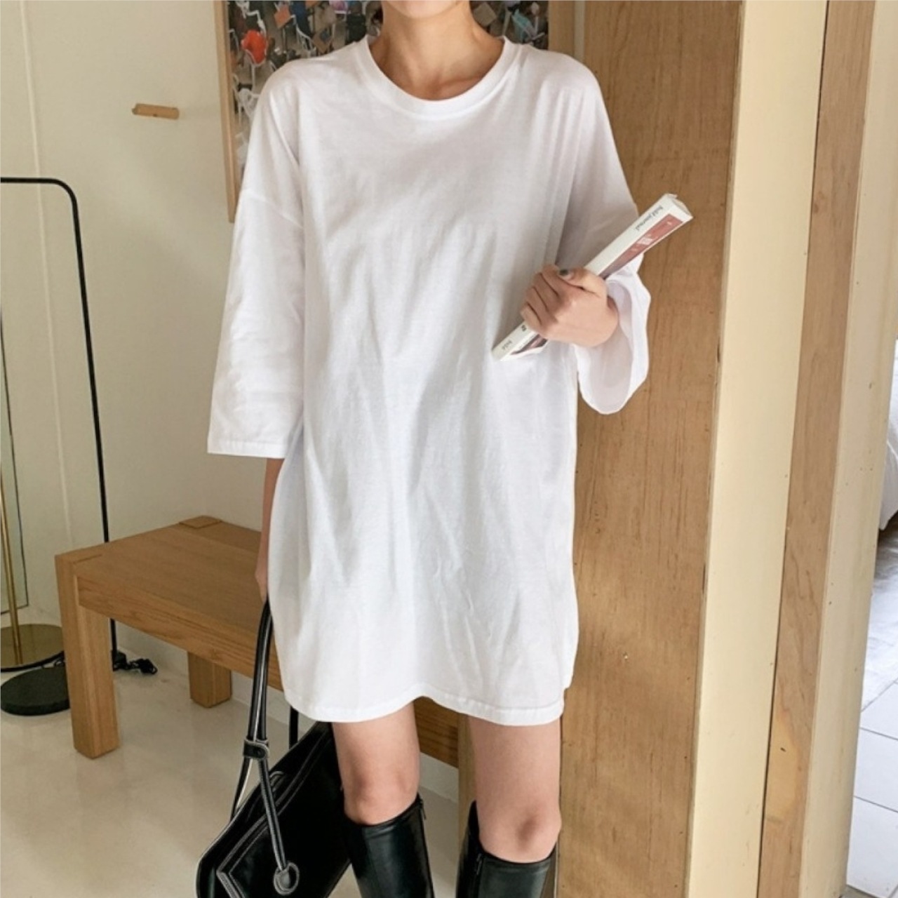 オーバーサイズ トップス Tシャツ ビッグT ロング丈 7分袖 七分袖 ラウンドネック リブ 大人可愛い きれいめ シンプル カジュアル 大人 かっこいい 大人女子 こなれ感 ラフ スポーティー