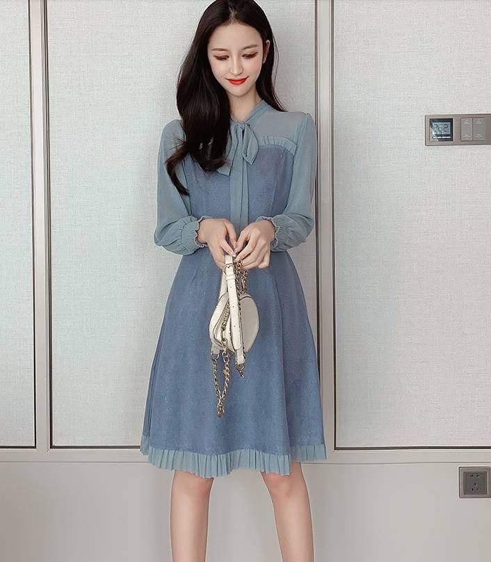 ワンピース レディース 膝丈 膝上 長袖 ボウタイ リボン Aライン 白 青 無地 シースルー ハイウエスト S M L XL 2XL きれいめ 上品 お洒落 フェミニン 大人可愛い お出かけ デート