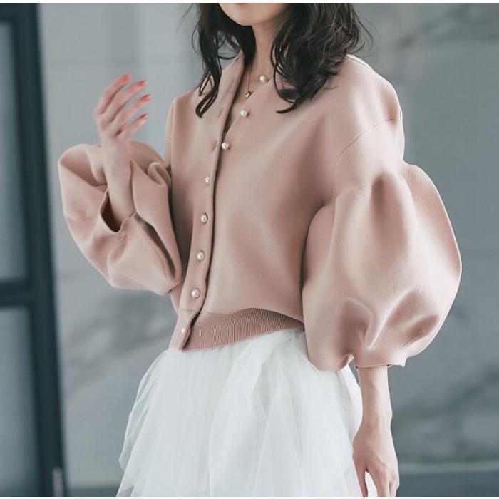 パール付き ニットカーディガン ノーカラー カーディガン ニット カーディガン ボリューム袖 ニットコート 前後2WAY