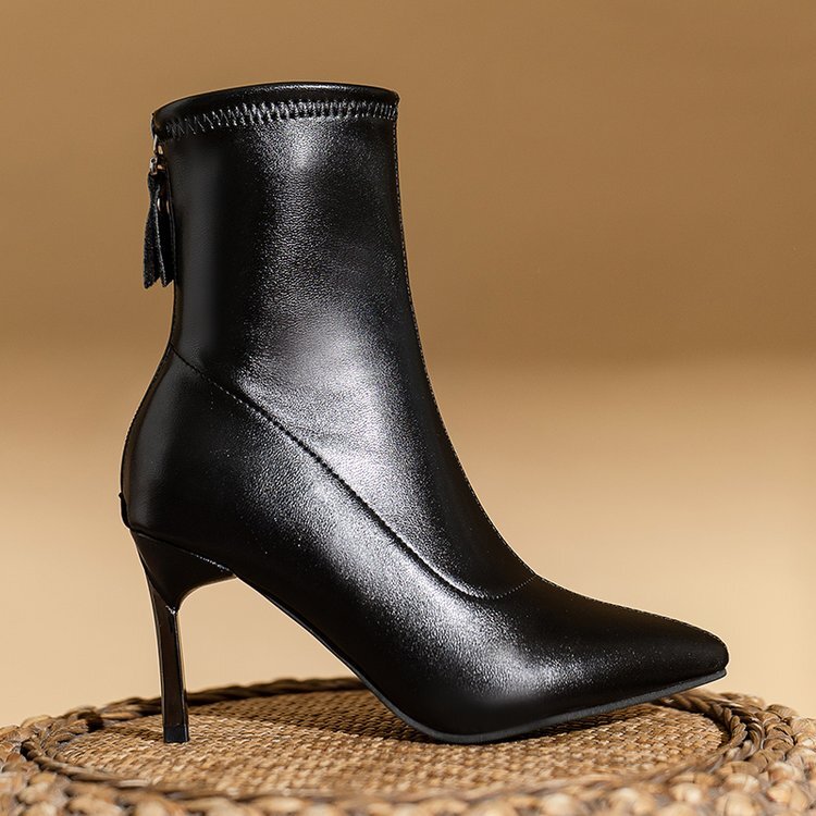 ポインテッドトゥ エコレザー 裏起毛 ピンヒール ショートブーツ 2色 OHCA0085