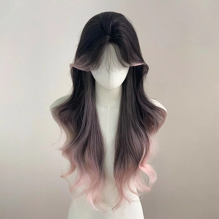 ウィッグ フルウィッグ 長髪 ブラック×ピンク センター分けの前髪 巻き髪 ロングウィッグ ハロウィン 原宿風 かつら コスプレ 可愛い コスチューム 仮装 大人用 普段使い 文化祭 イベント 学園祭