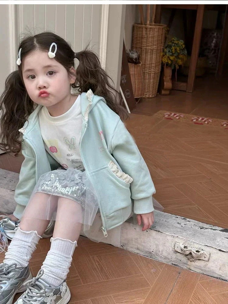 韓国ファッション かわいい子供服/女の子 3点セット レーストリミング フーデッドジャケット カジュアルトップ 長袖上下セット （80-130cm）