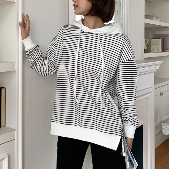 [韓国ファッション] 여성용 후드배색 스트라이프 후드티셔츠