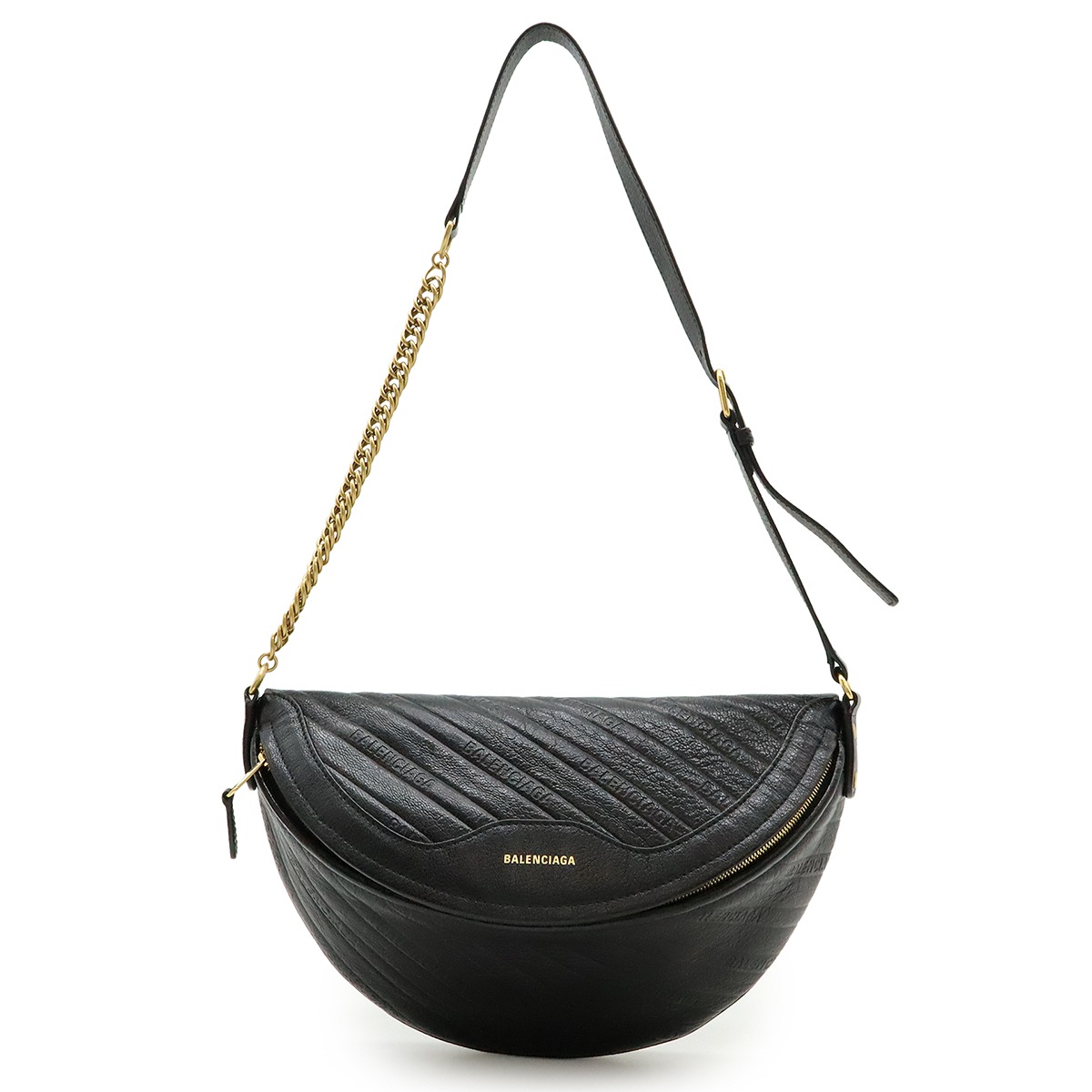 スーベニア XS ボディバッグ ウエストポーチ クロスボディ エンボスロゴ チェーン レザー ブラック ゴールド金具 55155