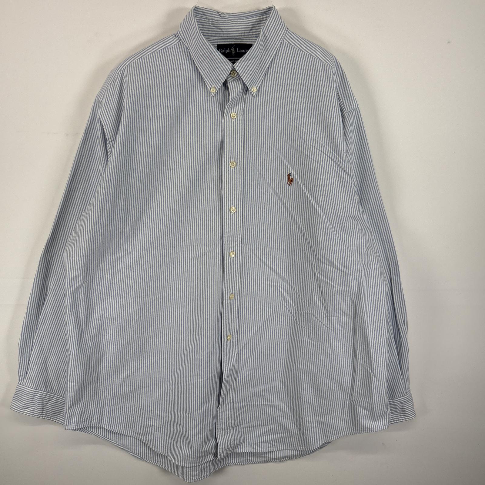 古着 長袖シャツ ボタンダウンシャツ ワンポイント ロゴ 刺繍 大きいサイズ 18 ブルー系 ストライプ メンズ