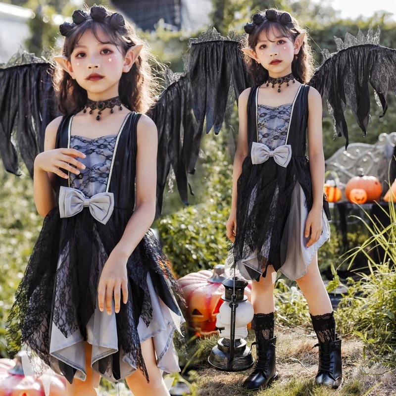 ハロウィン 子供服 子供用 吸血鬼 ゴシック ブラック エンジェル エルフ ドレス 子供服 ステージパフォーマンス コスチューム 女の子 スカート