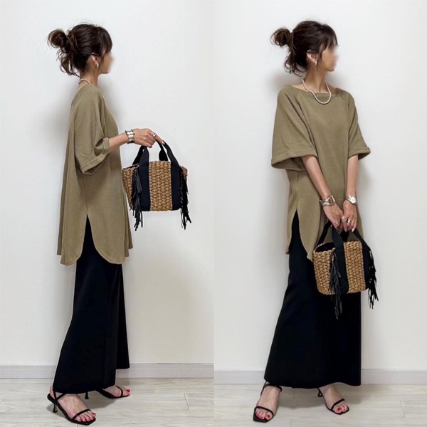 【柔らかくて優しい印象】 シンプル 無地 半袖 スリットＴシャツ スカート ナチュラル 2点セット