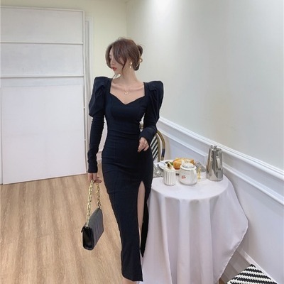 ワンピース パーティードレス パーティドレス ロングドレス ブラックドレス ミモレ ミモレ丈 袖あり 長袖 パフスリーブ スクエアネック フリル スリット サイドスリット かわいい 大人可愛い