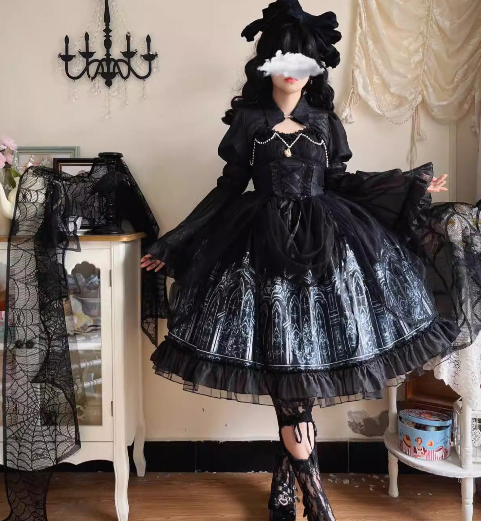 暗黒 ゴスロリ ロリータ ワンピース ジャンパースカート 膝丈 ミドル丈 ロリータ ドレス 裾にフリル ウエストにリボン締め jsk ロリータファッション パール ストラップ プリンセス コスチューム