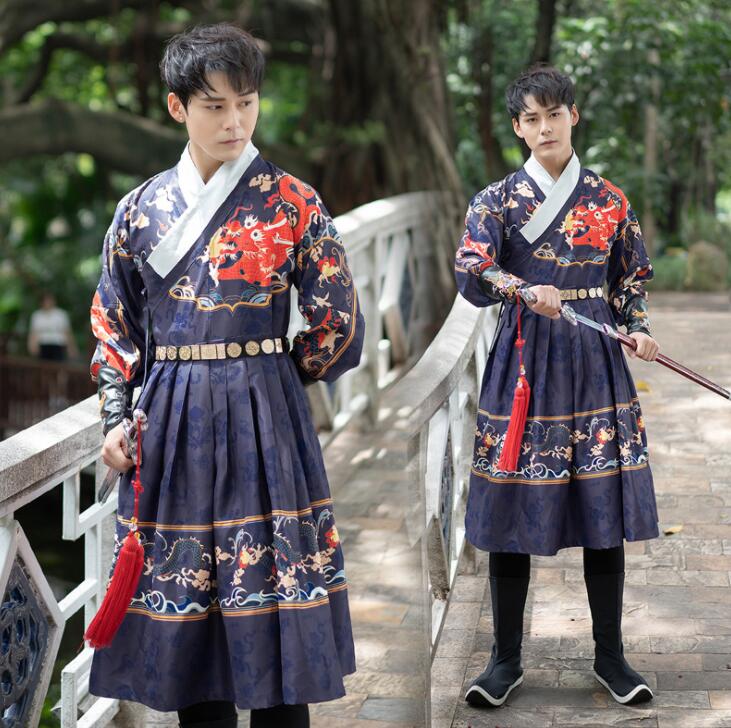 男性用中国風コスプレ衣装 明王朝 コスプレ 漢服 唐装 制服 飛魚服 メンズ 中華舞台ステージ衣装 龍刺しゅう ベルト 袖カバー 衣装3点セット チャイナ服 交差襟 縁取り 華流コスチューム 中国古代