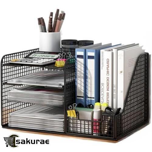 [新品入荷/底値セール]卓上収納ラック 引き出し付き ファイルボックス 4仕切りペン立て付き レタートレー 書類棚 金属製 メッシュ ペン 新聞雑誌A4ファイルフォルダ書類小物入れ