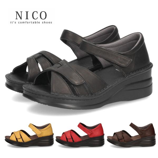 サンダル レディース 本革 カジュアル クッション性 黒 レザー 面テープ NICO 42091 日本製 歩きやすい