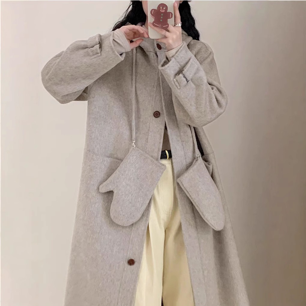手袋付きの新しい厚手のフード付きシングルブレストダブルフェイスウールコートミドル丈のHラインシルエット大きなポケット韓国風レディースアウターウェア