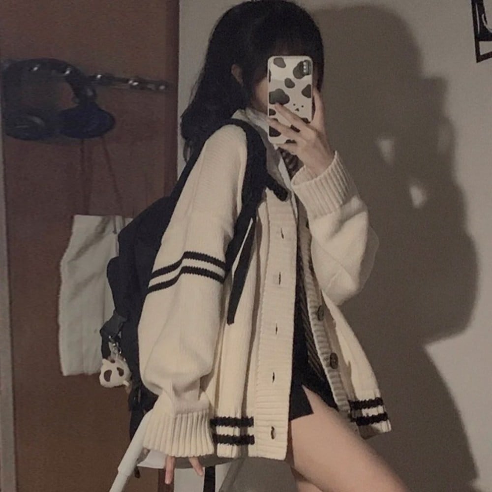 オードアイニットカーディガンオーバーフィット制服学生かわいい配色ベージュカーディガン