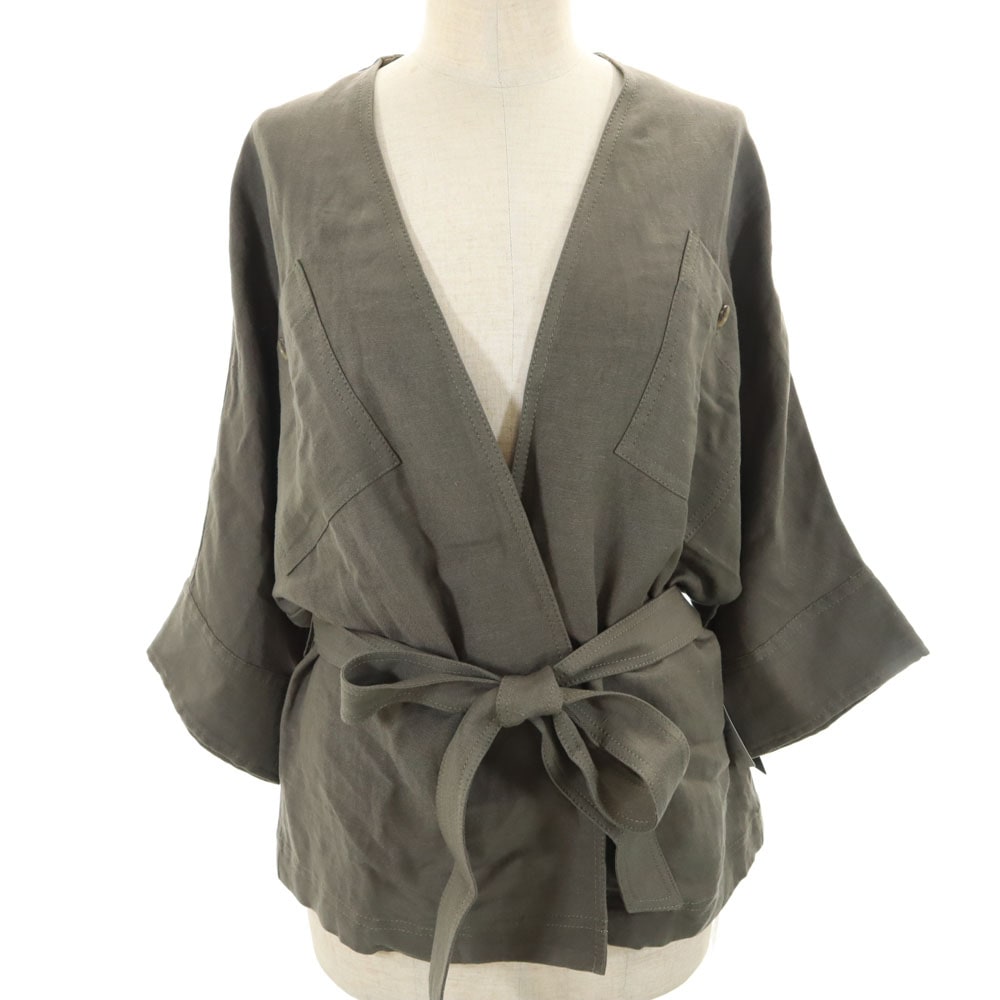 未使用 半袖 ノーカラージャケット ONE SIZE カーキ タグ付き レディース