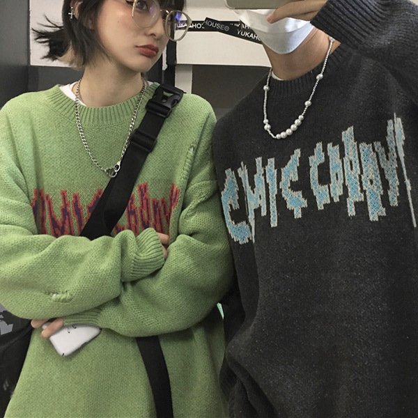 【即納あり】ロゴニットトップス ダメージ加工 長袖 ビッグシルエット グリーン グレー ダンス 衣装