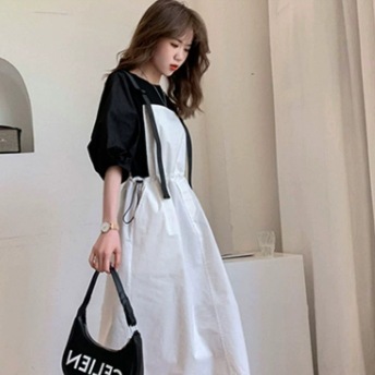 2点セット トップス ワンピース カットソー プルオーバー 袖付き 5分袖 ボリューム袖 襟なし ラウンドネック ジャンパースカート ミディアム丈 ウエストマーク かわいい 大人可愛い シンプル