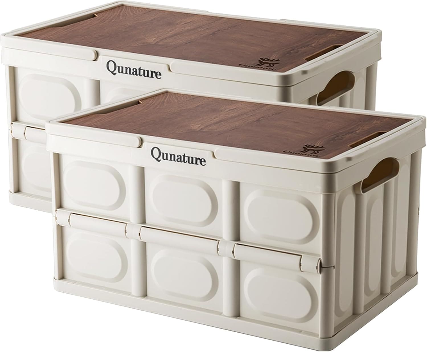 Qunature 折り畳みコンテナ 55L 大容量 持ち手付き キャンプ カゴ 木製の蓋付き 折り畳み 収納ボックス 耐荷重 積み重ね 組立簡単 アウトドア キャンピング BBQ 買い物かご 自宅 お